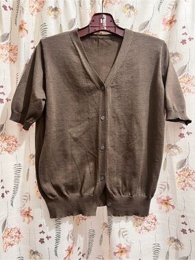 Classic Brown Short-Sleeve V-Neck Button Cardigan